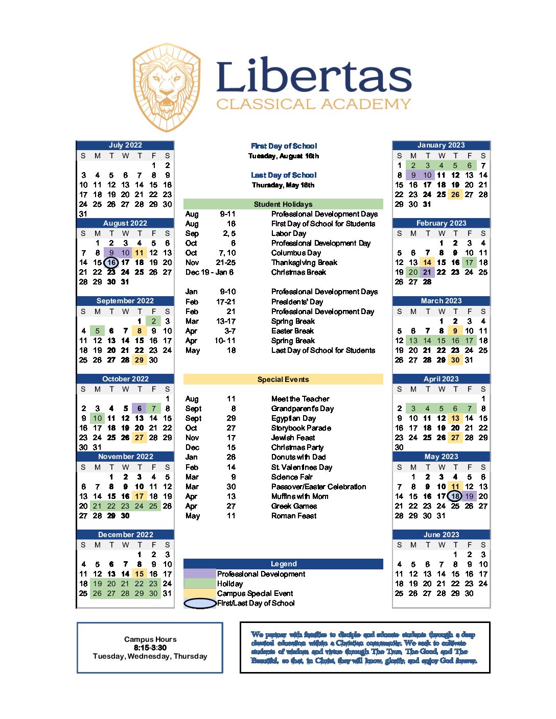Academic Calendar Libertas Classical Academy